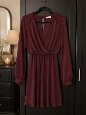 Lush Deep Wine Long Sleeve Surplice Dress